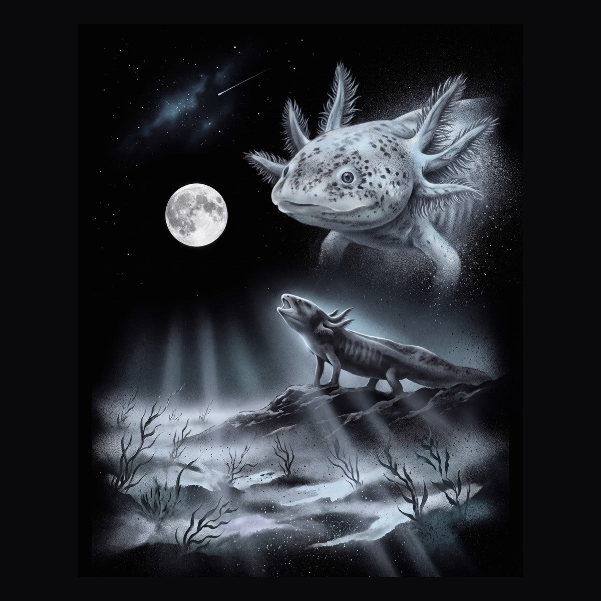 Vintage-style artwork of a axolotl howling at a full moon, the Moon Howlers axolotl design