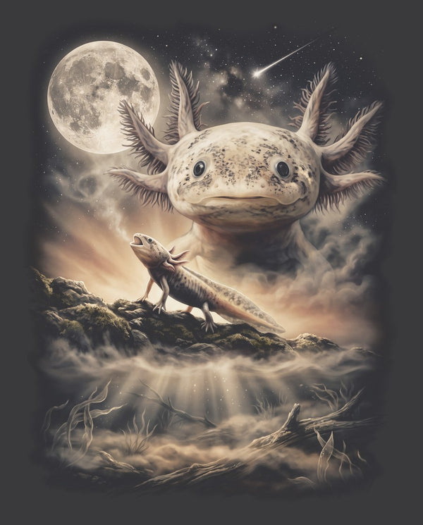 Vintage-style artwork of a axolotl howling at a full moon, the Moon Howlers axolotl design