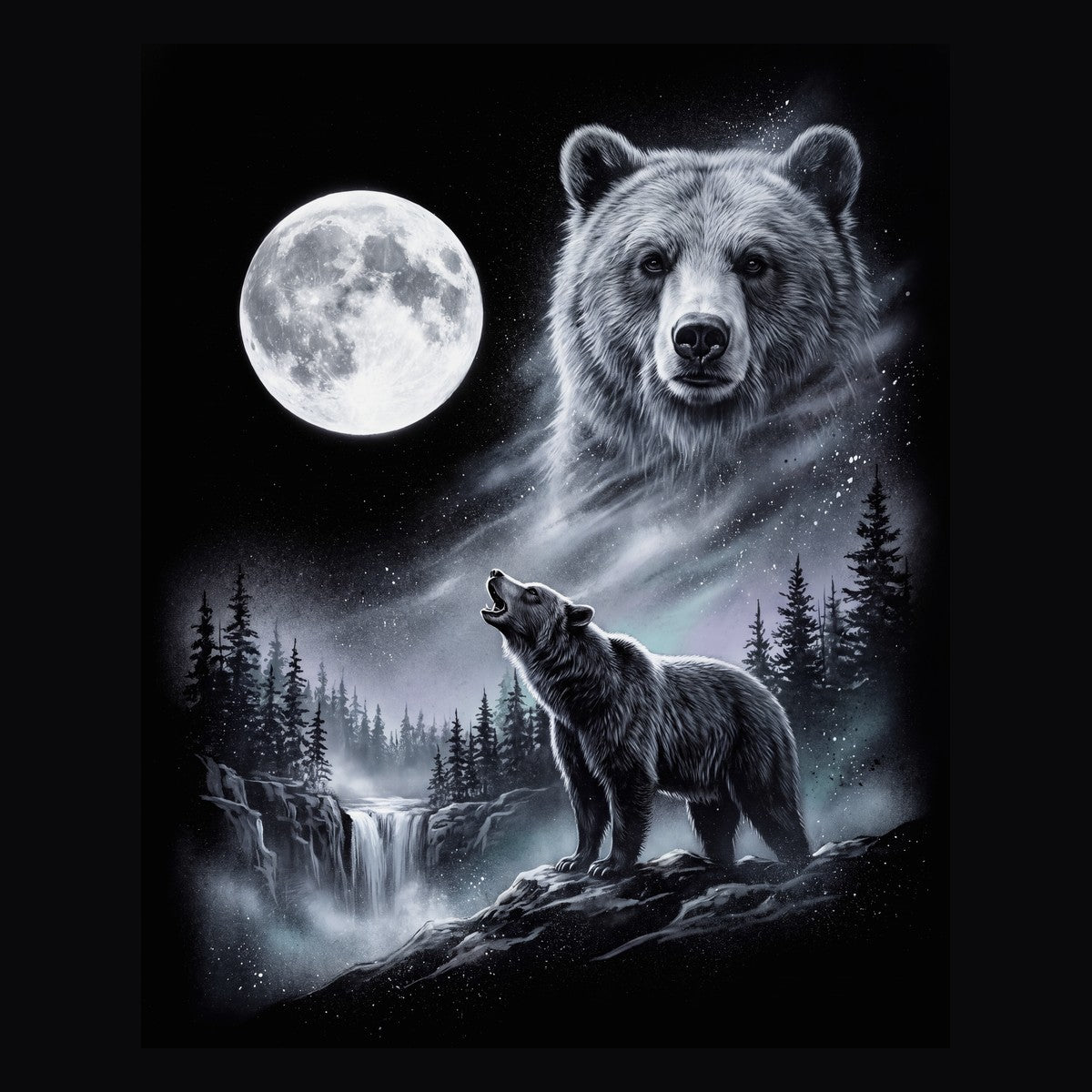 Vintage-style artwork of a bear howling at a full moon, the Moon Howlers bear design