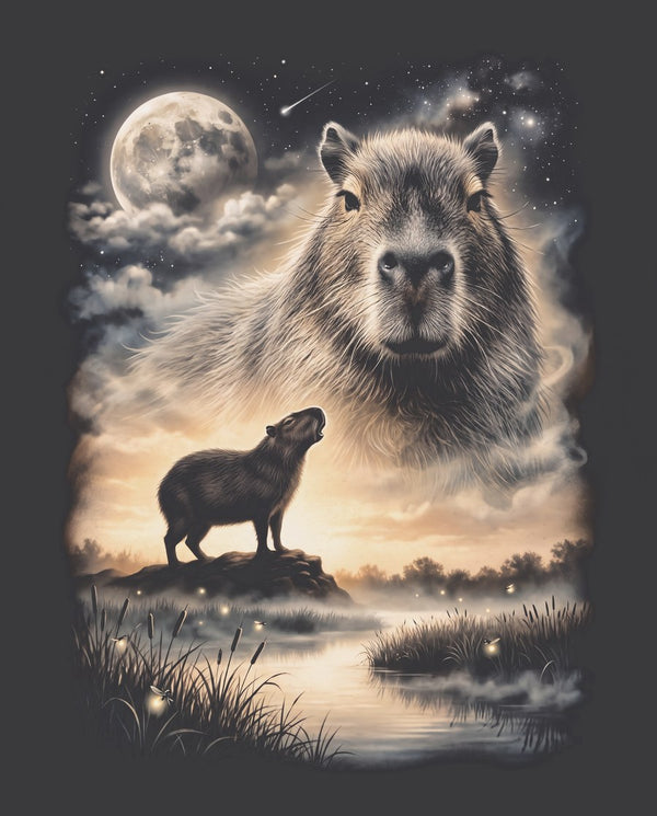 Vintage-style artwork of a capybara howling at a full moon, the Moon Howlers capybara design