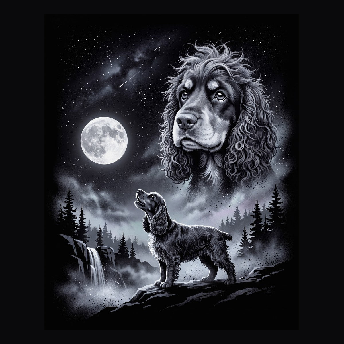 Vintage-style artwork of a cocker spaniel howling at a full moon, the Moon Howlers cocker spaniel design