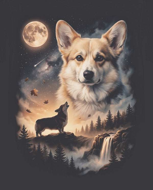 Vintage-style artwork of a corgi howling at a full moon, the Moon Howlers corgi design