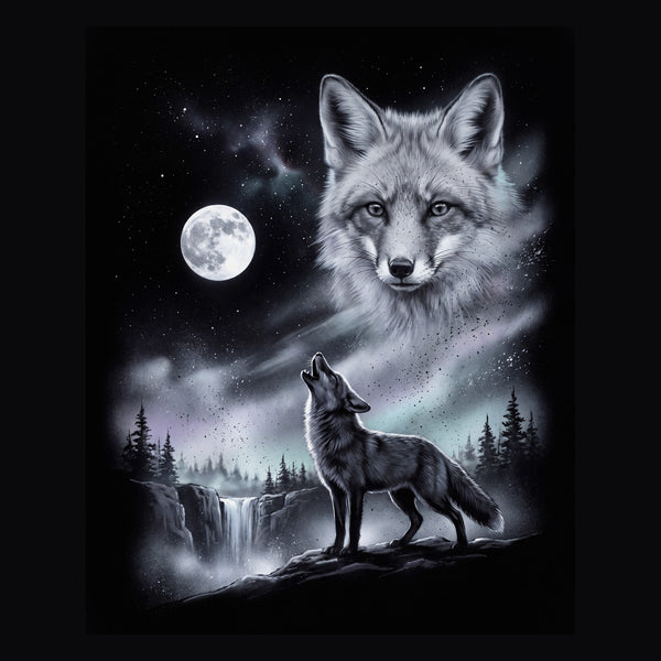 Vintage-style artwork of a fox howling at a full moon, the Moon Howlers fox design