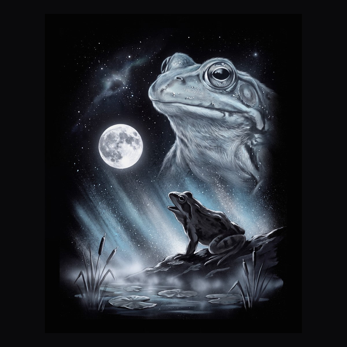 Vintage-style artwork of a frog howling at a full moon, the Moon Howlers frog design