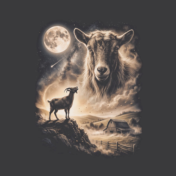 Vintage-style artwork of a goat howling at a full moon, the Moon Howlers goat design
