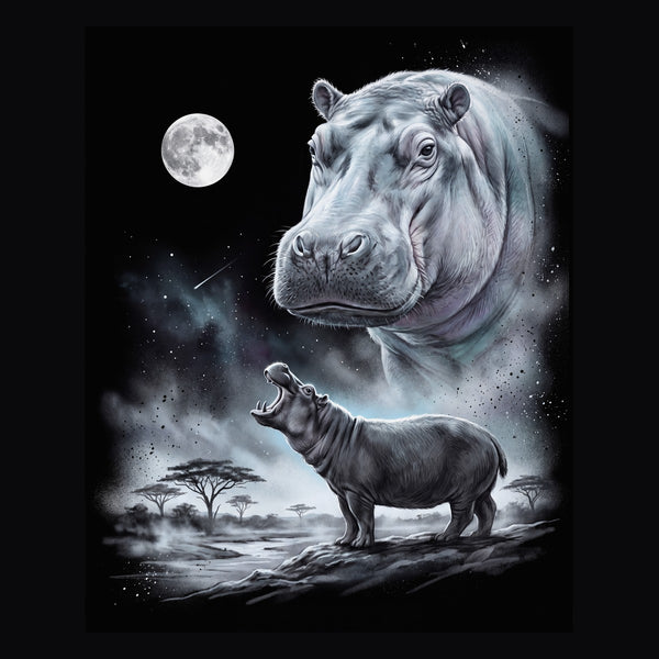 Vintage-style artwork of a hippo howling at a full moon, the Moon Howlers hippo design