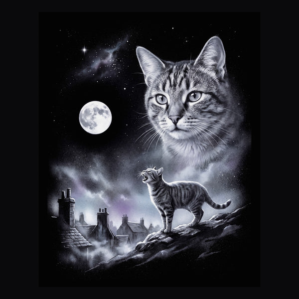Vintage-style artwork of a house cat howling at a full moon, the Moon Howlers house cat design