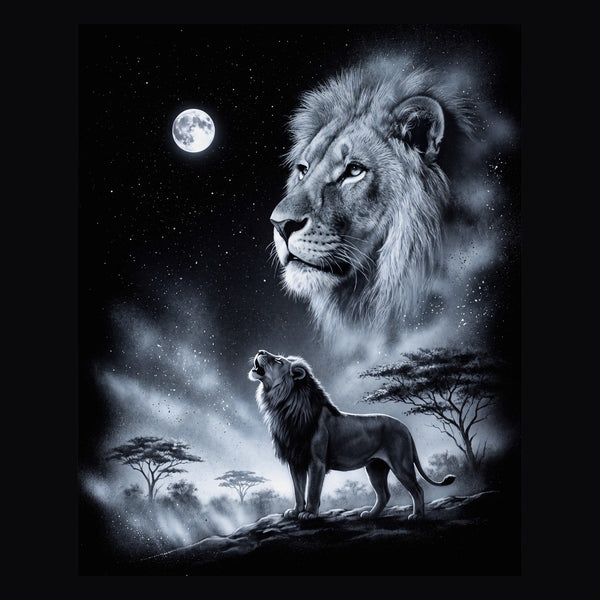 Vintage-style artwork of a lion howling at a full moon, the Moon Howlers lion design
