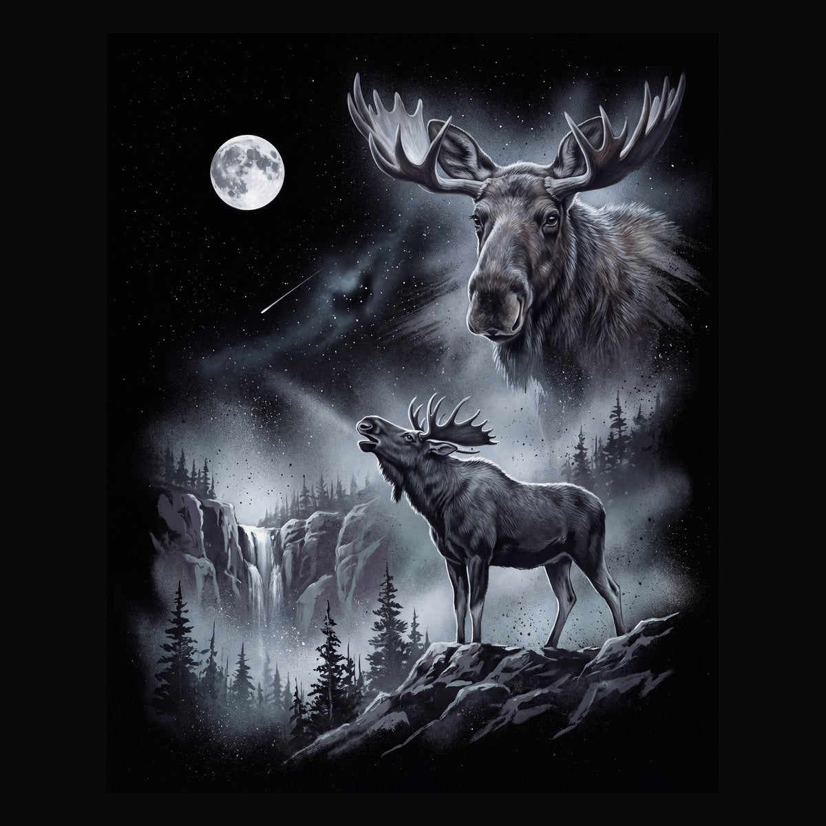Vintage-style artwork of a moose howling at a full moon, the Moon Howlers moose design