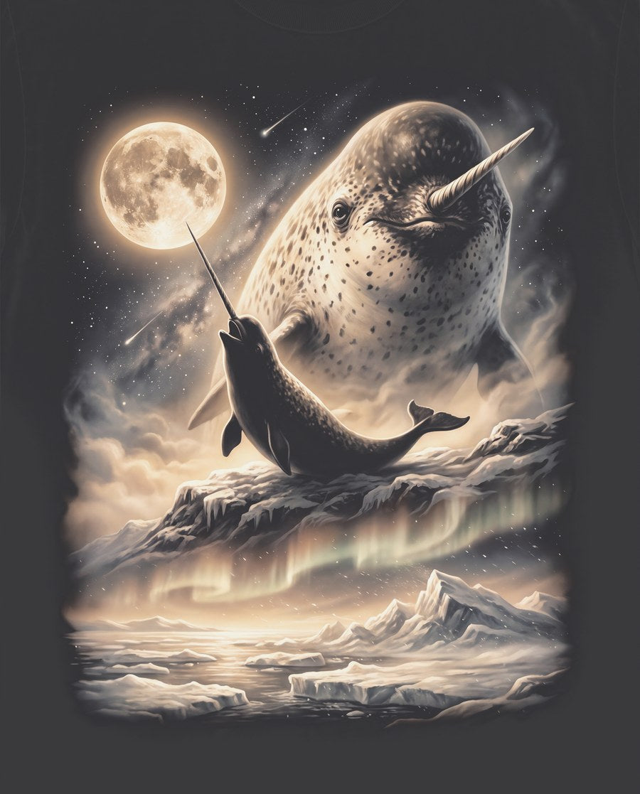 Vintage-style artwork of a narwhal howling at a full moon, the Moon Howlers narwhal design