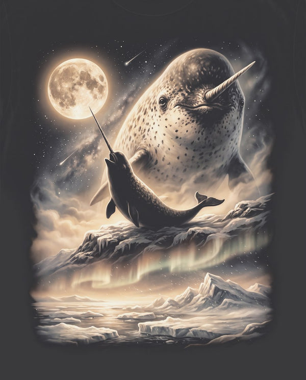 Vintage-style artwork of a narwhal howling at a full moon, the Moon Howlers narwhal design
