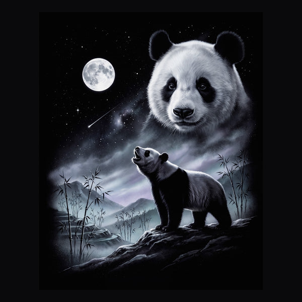 Vintage-style artwork of a panda howling at a full moon, the Moon Howlers panda design