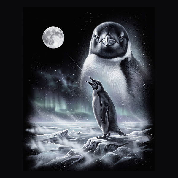 Vintage-style artwork of a penguin howling at a full moon, the Moon Howlers penguin design