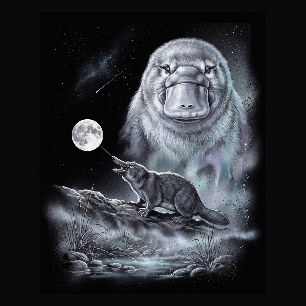 Vintage-style artwork of a platypus howling at a full moon, the Moon Howlers platypus design