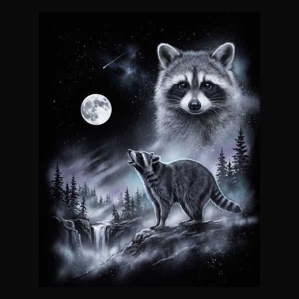 Vintage-style artwork of a raccoon howling at a full moon, the Moon Howlers raccoon design