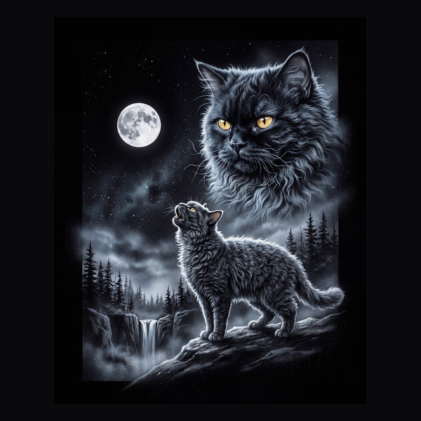 Vintage-style artwork of a selkirk rex howling at a full moon, the Moon Howlers selkirk rex design