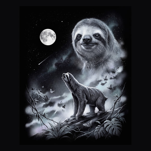 Vintage-style artwork of a sloth howling at a full moon, the Moon Howlers sloth design