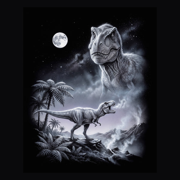 Vintage-style artwork of a t-rex howling at a full moon, the Moon Howlers t-rex design