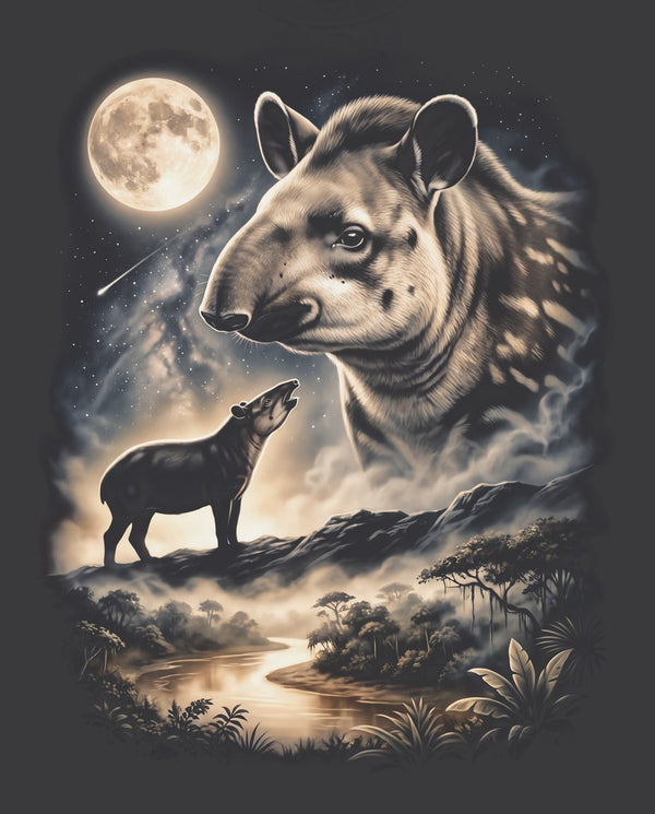Vintage-style artwork of a tapir howling at a full moon, the Moon Howlers tapir design