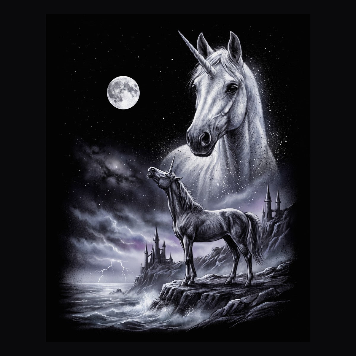Vintage-style artwork of a unicorn howling at a full moon, the Moon Howlers unicorn design