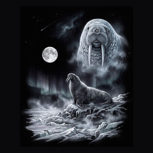 Vintage-style artwork of a walrus howling at a full moon, the Moon Howlers walrus design