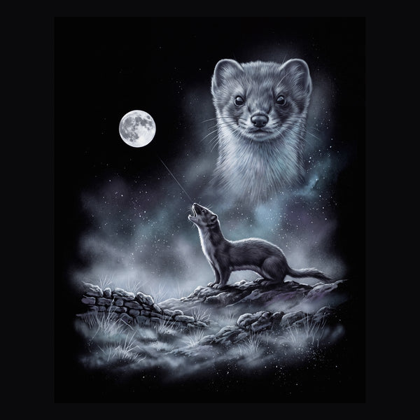 Vintage-style artwork of a weasel howling at a full moon, the Moon Howlers weasel design