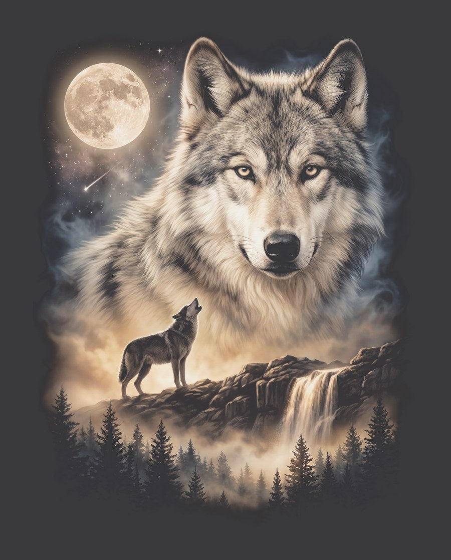 Vintage-style artwork of a wolf howling at a full moon, the Moon Howlers wolf design