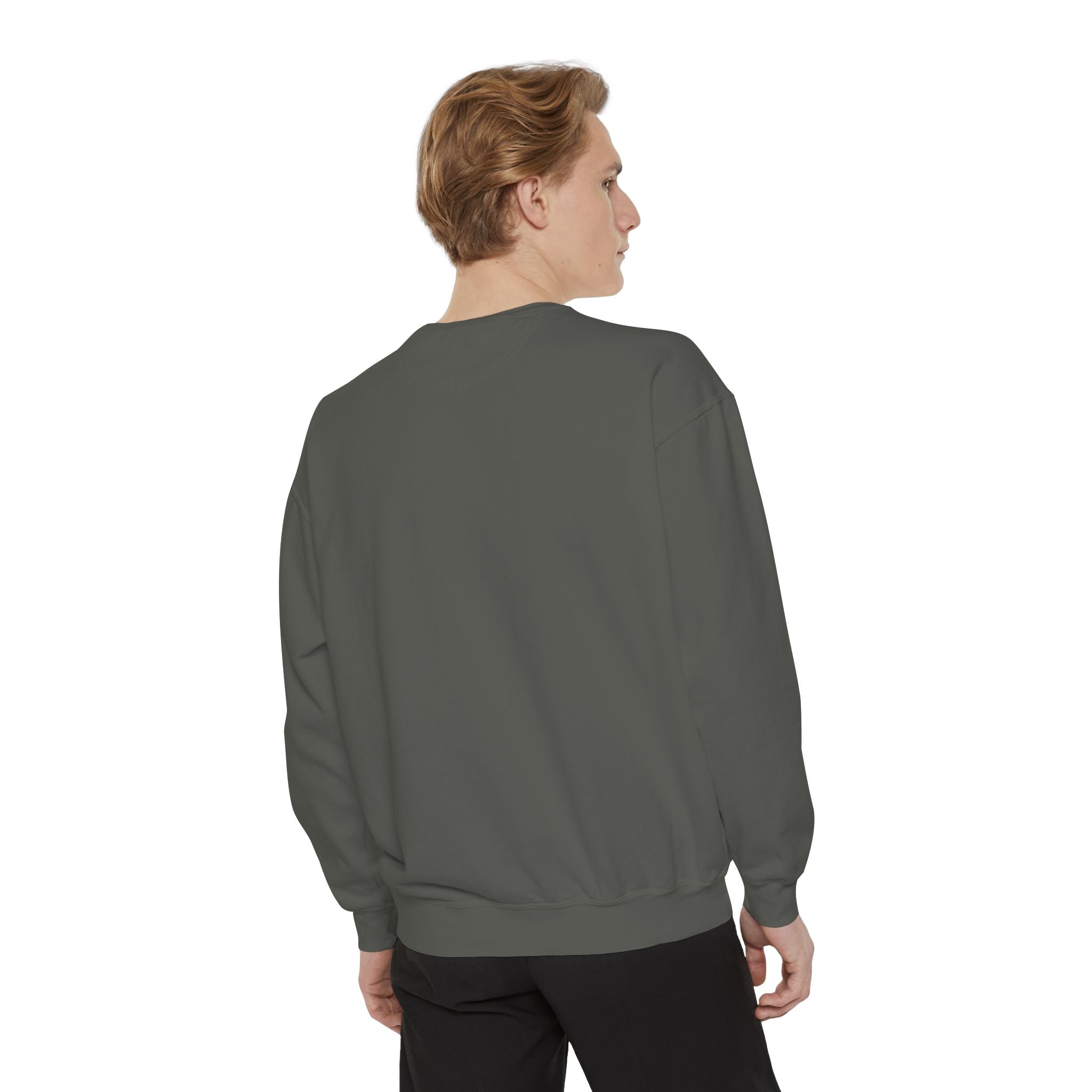 Dark crewneck with airbrushed capybara portrait above a small capybara howling at a full moon over misty ground