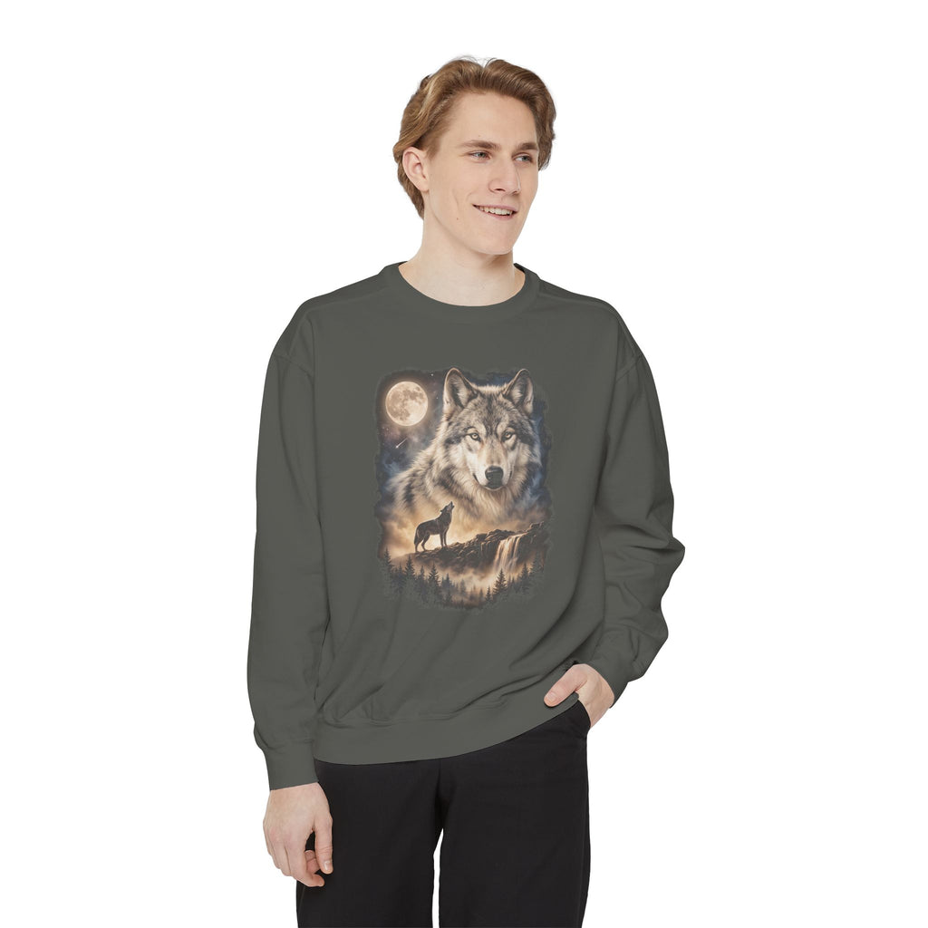 Dark crewneck with cream and gold double-exposure art of a wolf portrait above a wolf howling at a full moon.