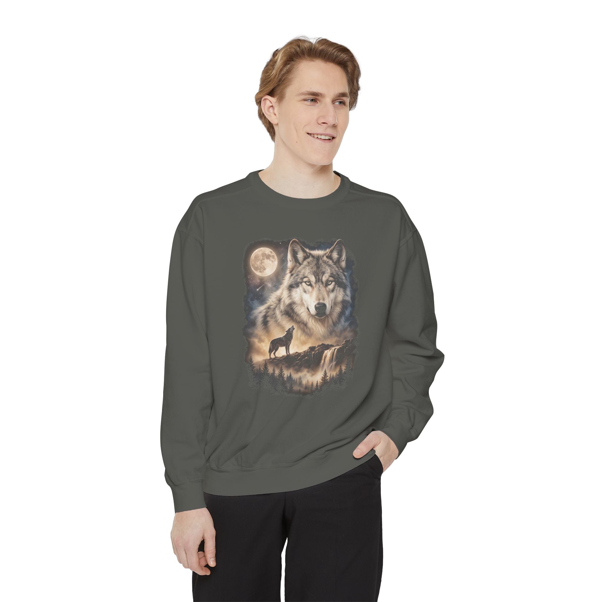 Dark crewneck with cream and gold double-exposure art of a wolf portrait above a wolf howling at a full moon.