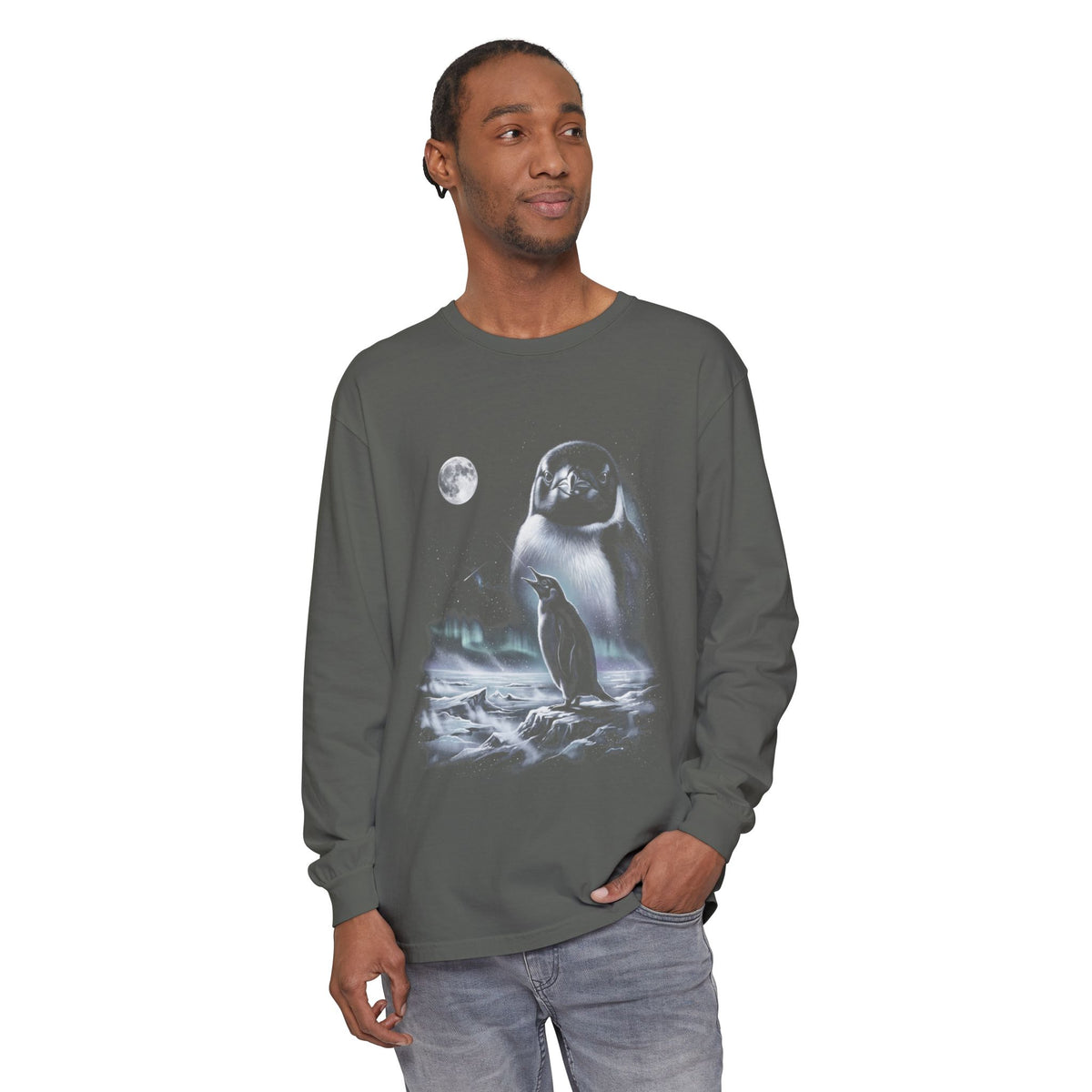 Black-and-white airbrushed penguin howling at a cold moon, styled like a 1990s wolf nature tee.