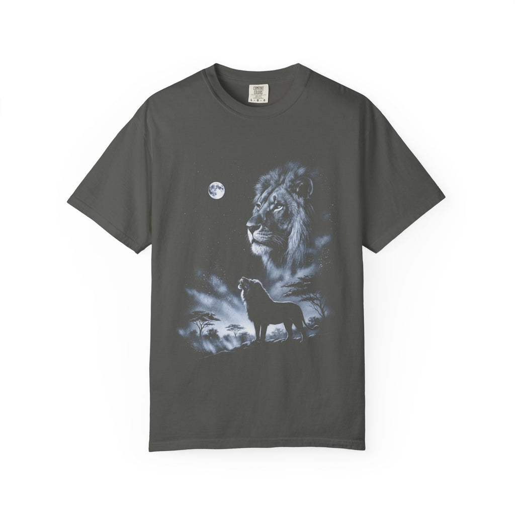 Airbrushed 1990s-style art of a lion howling at the moon in cold white, silver, and ice-blue tones on black.