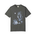 Airbrushed 1990s-style art of a lion howling at the moon in cold white, silver, and ice-blue tones on black.