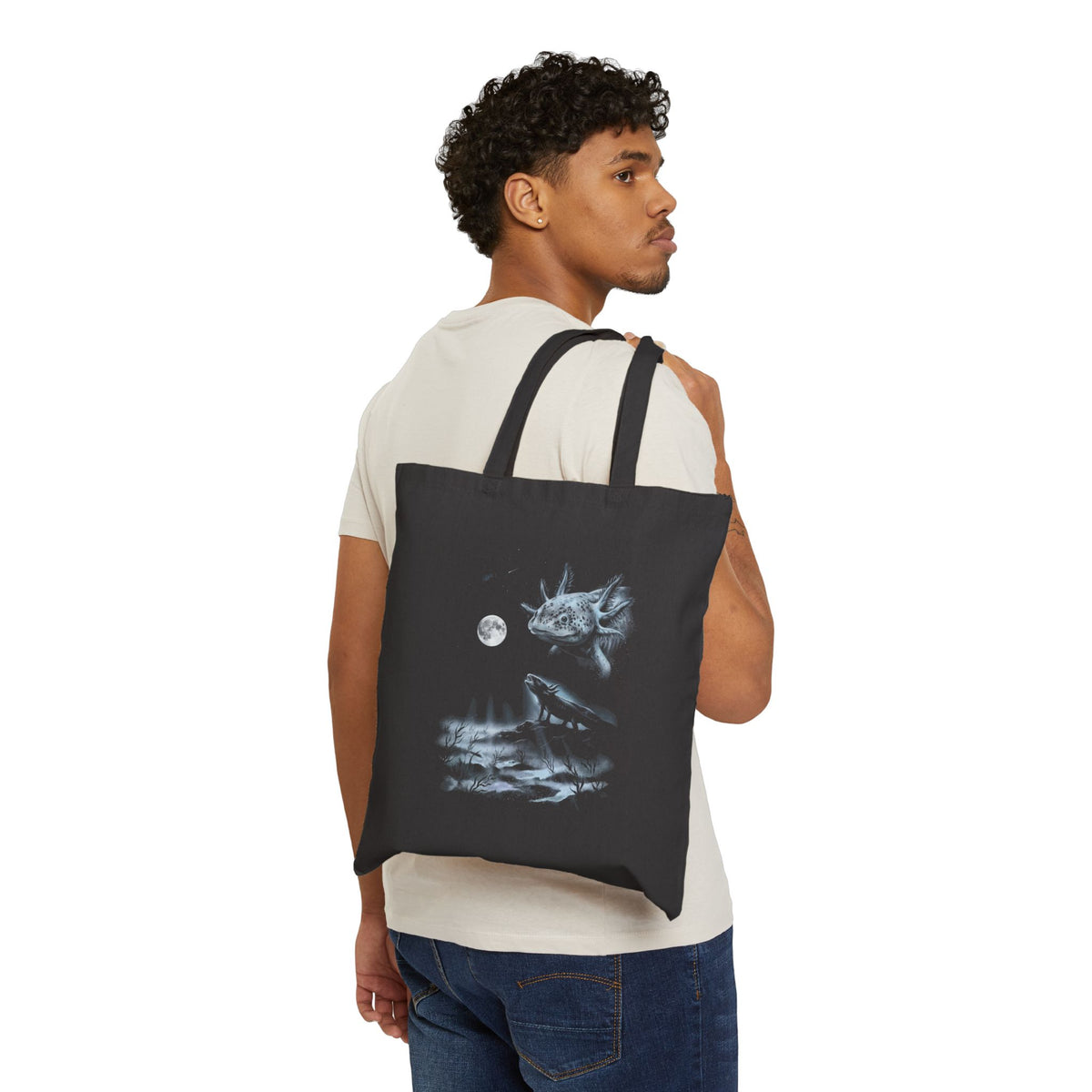 Airbrushed 1990s-style axolotl howling at a moon in icy blue-grey moonlight on black background.