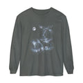 Airbrushed moose howling at the moon in white, grey, and ice blue on black, retro 90s style
