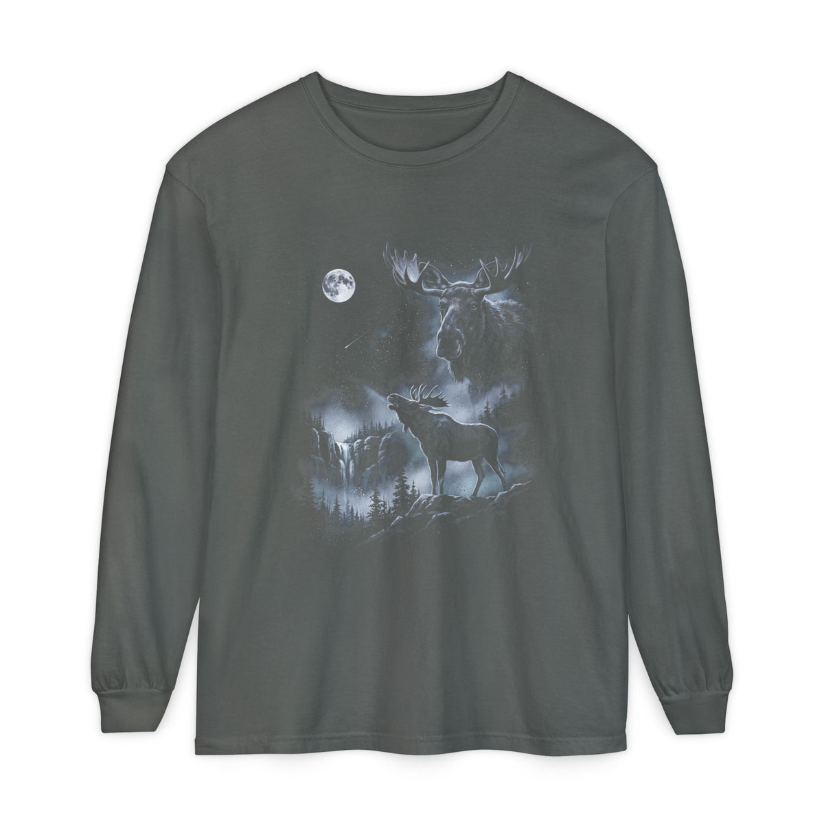 Airbrushed moose howling at the moon in white, grey, and ice blue on black, retro 90s style