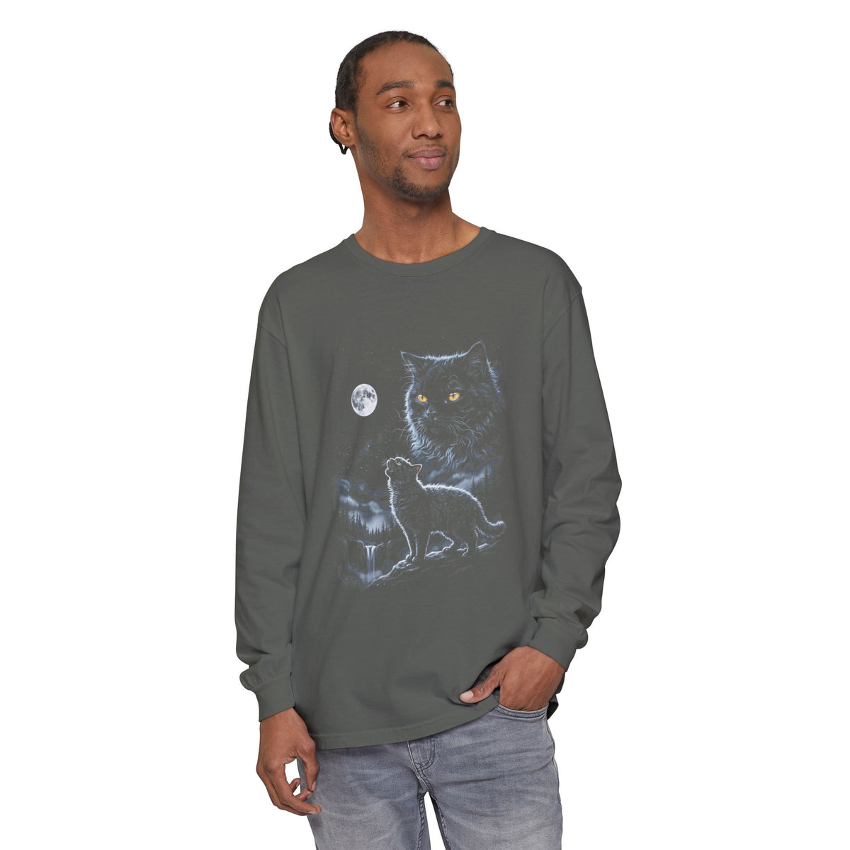 Airbrushed selkirk rex howling at the moon in cool grays and icy blue, 1990s nature-tee style on black