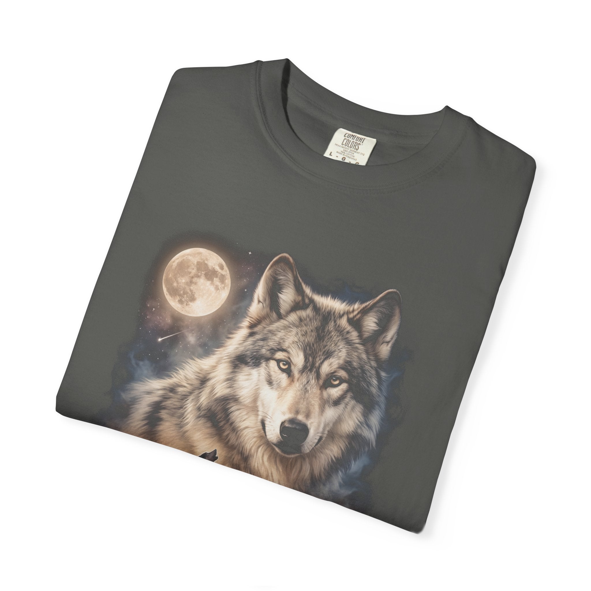 Dark t-shirt with airbrushed double-exposure wolf portrait above a wolf howling at a full moon over misty hills