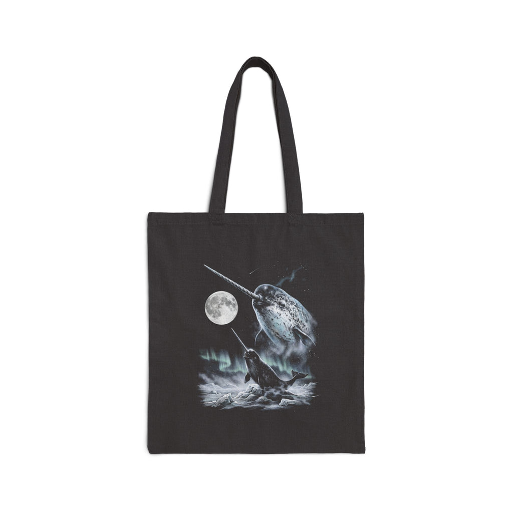 Airbrushed narwhal howling at the moon in ash grey, silver and ice blue on black, 1990s nature-tee style artwork.