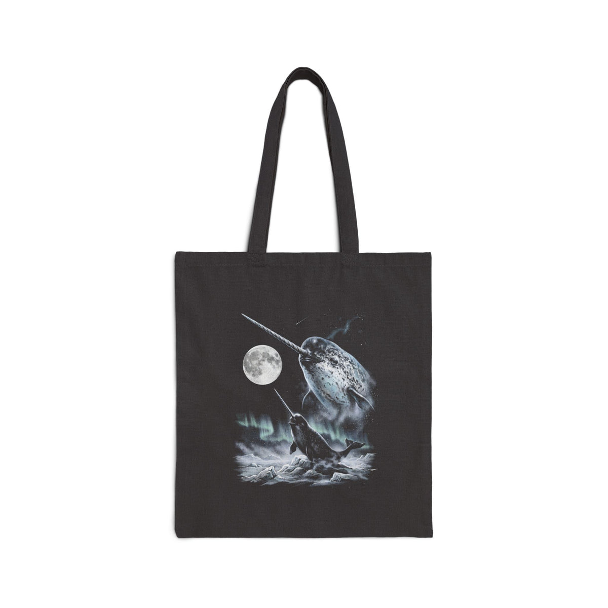 Airbrushed narwhal howling at the moon in ash grey, silver and ice blue on black, 1990s nature-tee style artwork.