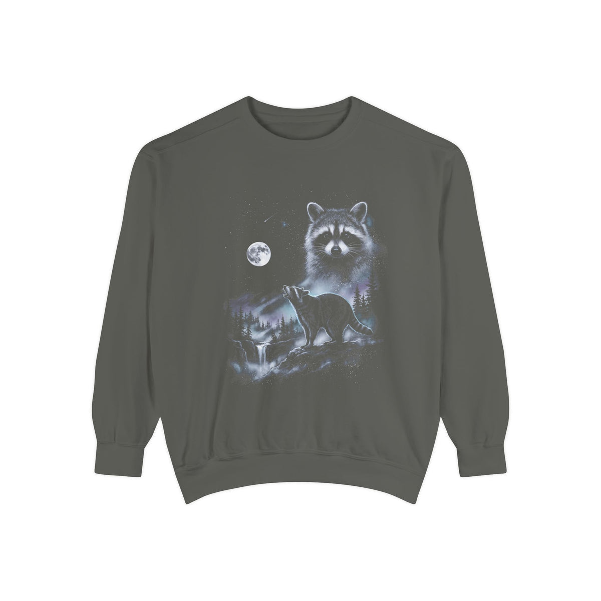 Airbrushed raccoon howling at a cold white moon, monochrome mist and spatter on black, 90s nature-tee style.