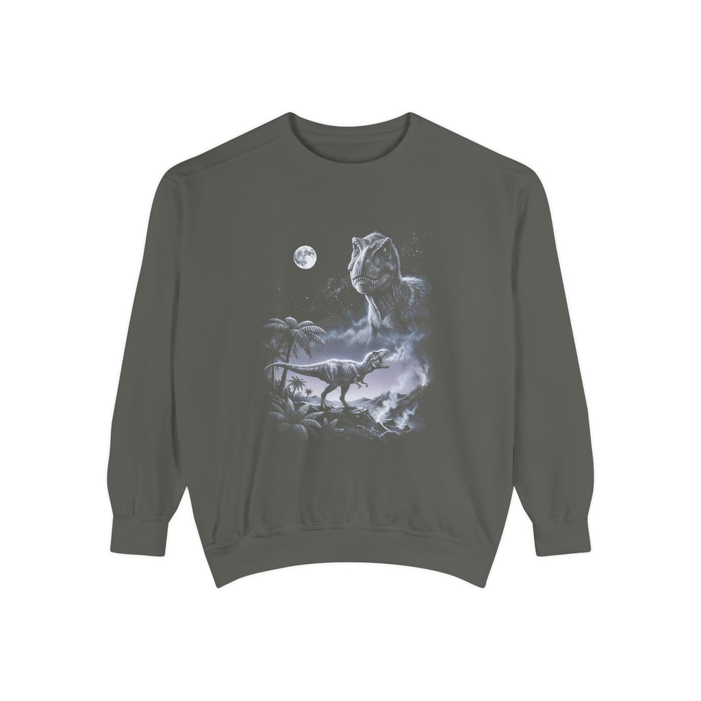 Airbrushed 1990s-style art of a t-rex howling at the moon, cold moonlight tones on black, retro nature-tee style.