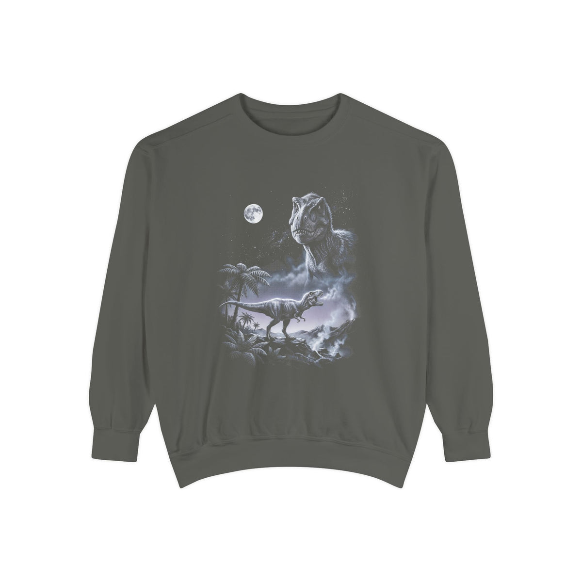 Airbrushed 1990s-style art of a t-rex howling at the moon, cold moonlight tones on black, retro nature-tee style.