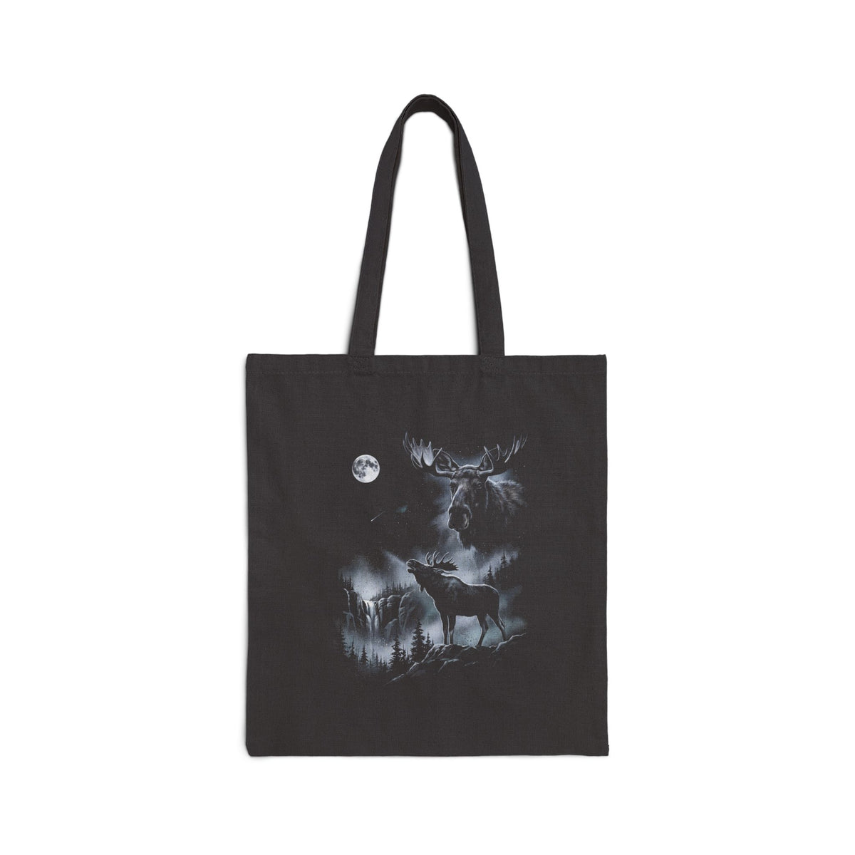 Airbrushed 1990s-style artwork of a moose howling at the moon, in cold whites, silvers and ash on black.