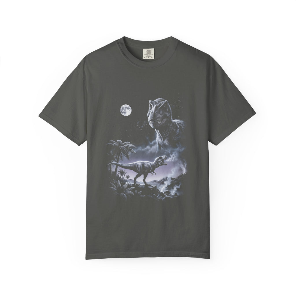 1990s airbrush-style t-rex howling at the moon in cold blue-grey tones with speckled mist on black.