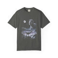 1990s airbrush-style t-rex howling at the moon in cold blue-grey tones with speckled mist on black.