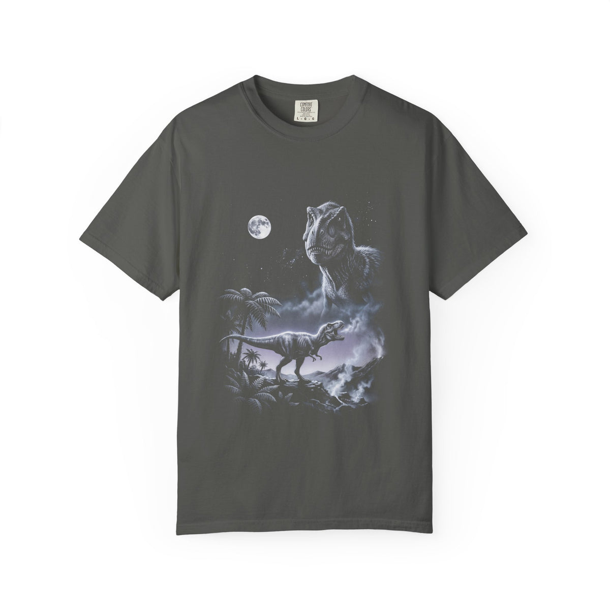 1990s airbrush-style t-rex howling at the moon in cold blue-grey tones with speckled mist on black.