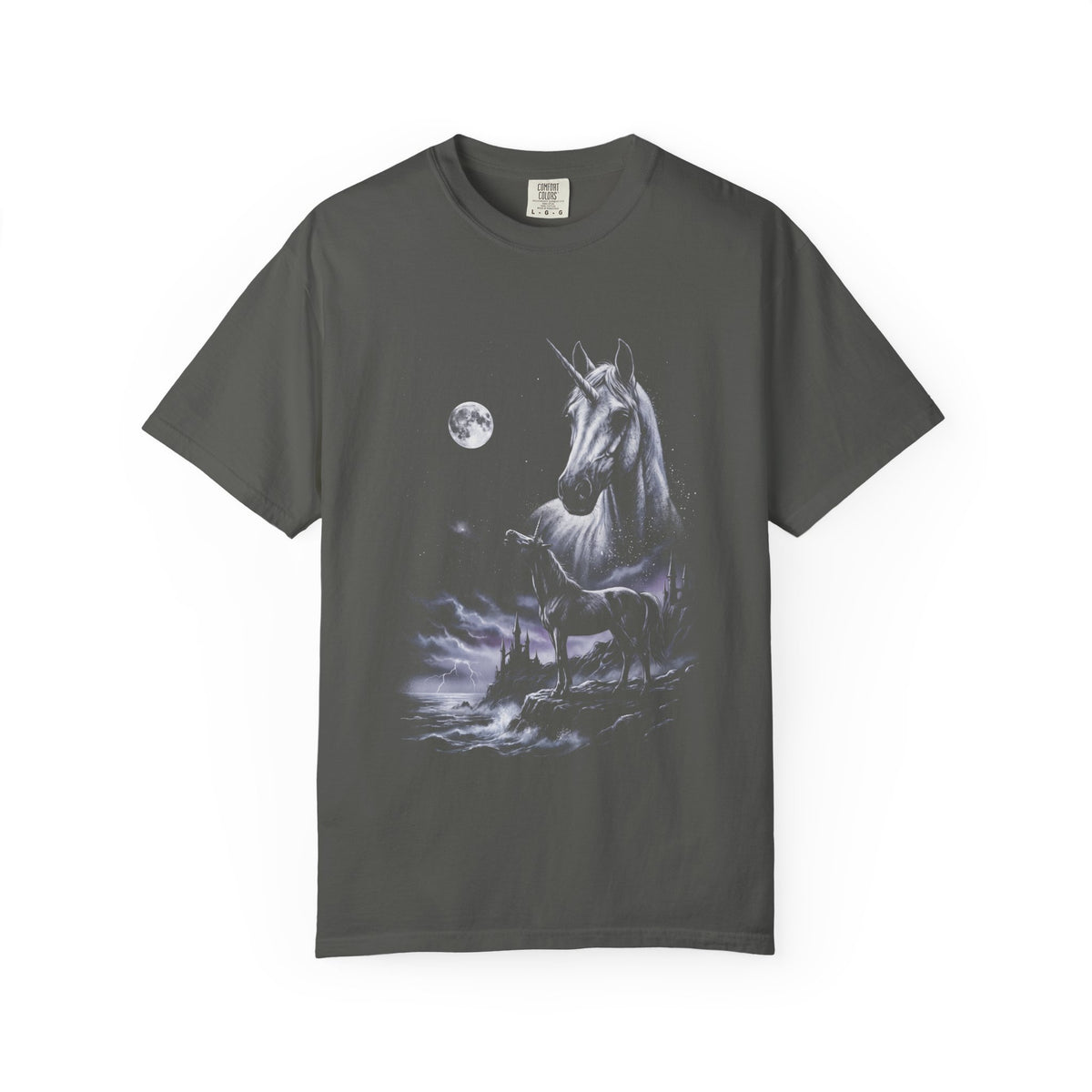 Airbrushed illustration of a unicorn howling at a full moon in white, silver, and ice-blue tones on black.