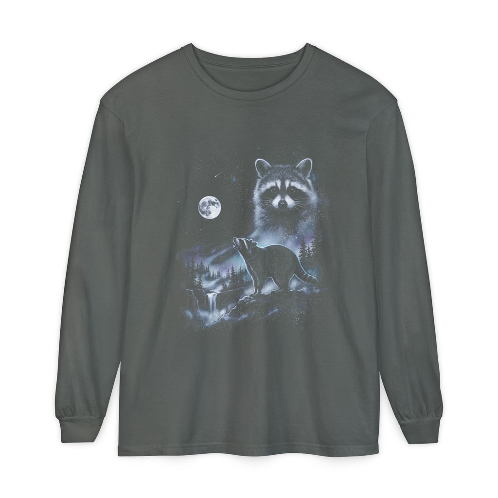 Airbrushed raccoon howling at a cold moon, monochrome blue-grey nature-tee art on black background.