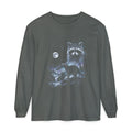 Airbrushed raccoon howling at a cold moon, monochrome blue-grey nature-tee art on black background.